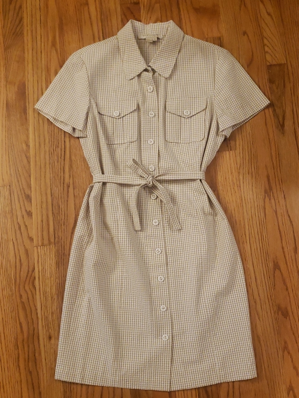 Vtg Due Per Due Beige Gingham Seersucker Button-Front Dress W/ Tie Waist Size:12